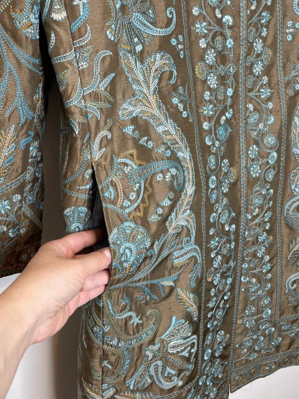 Johnny Was Silk Coat with Light Blue/Teal Embroidery - Picture 11 of 13
